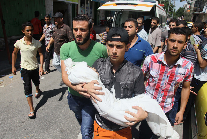 Palestinian mourners carry the body of boy,during his funeral in Gaza City,